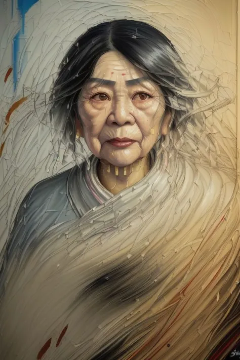 (portrait of elderly asian woman  with  messy wavy black hair and beard, looking at camera:1.2)
(smiling:0.8)
(contemporary modern urban:1.4)
((painting oil impressionist:1.6))
dusk twilight
(character concept art full body portrait:1.4)
(botw genshin:0.6)...