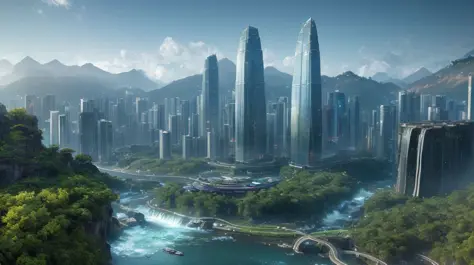 (modern sci-fi fantasy whimsical:1.4)
(metropolis cityscape skyline:1.1) surrounded by (rivers and waterfalls in a rocky mountain valley:1.4)
(botw genshin:0.6) (ghibli:1.0) (god of war:0.6) (horizon zero dawn:0.6) (assassins creed:1.0) (star wars:1.0) (star trek:1.0) (horizon forbidden west:0.6) (avatar pandora:1.0) (singapore hong kong:1.2)
(photo photogenic hdr sharp focus intricate detail composition rule of thirds dof 8k hires reflections bloom saturated glow dawn:1.2)
(particles:0.8)
(raytracing rtx unreal engine octane render blender:1.3)
(foggy misty:1.0)