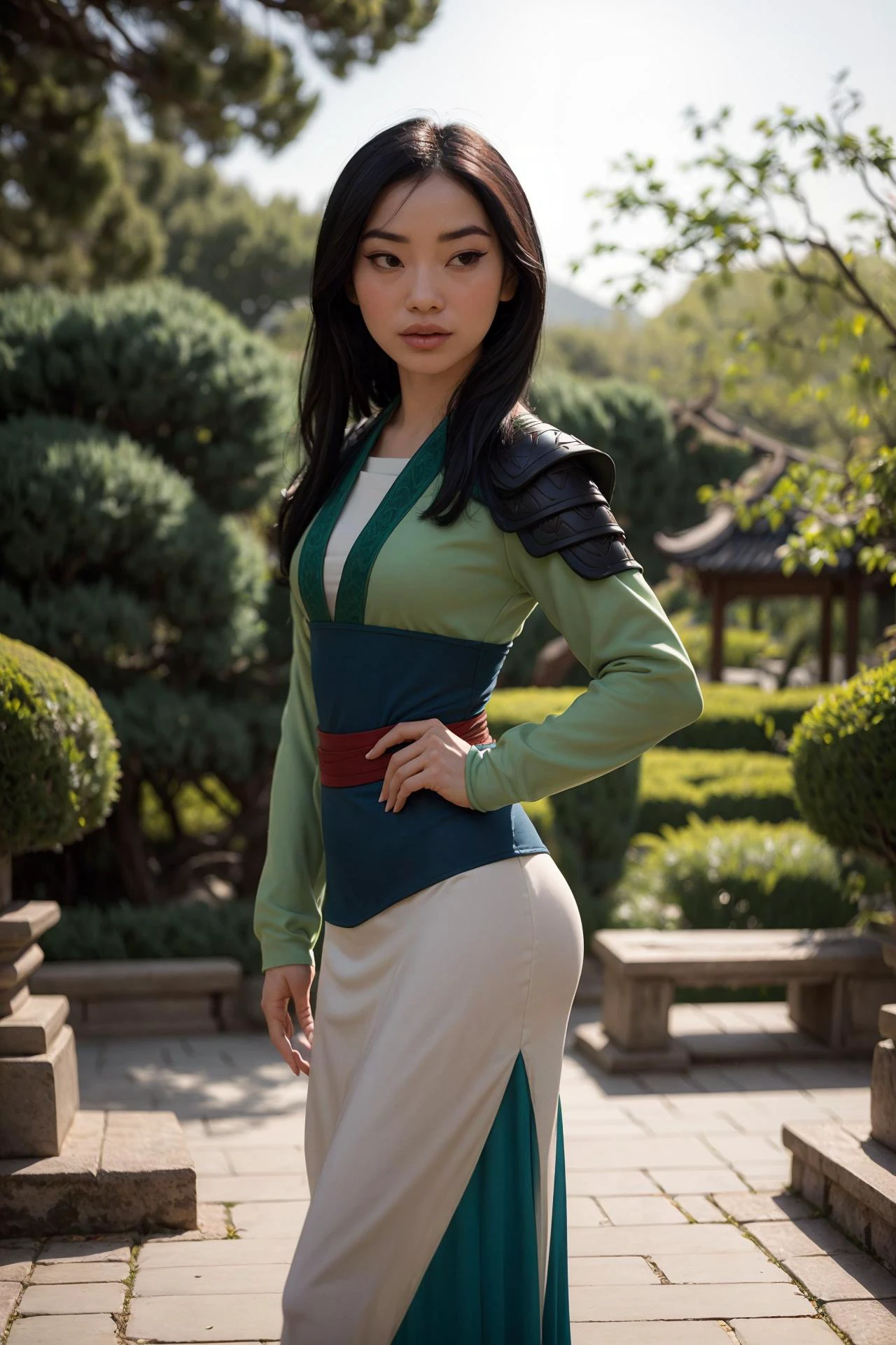 foto de Mulan, uma linda mulher, (magrelo:1.2), ajustar, pele perfeita, cabelo detalhado, rosto detalhado, olhos lindos,
((armadura lamelar Tang pesada verde sexy)),
(fundo desfocado do jardim de Suzhou, cênico), (pose sexy em pé), (Vista da frente),
Erótico, elegante, Sensual, sedutor, (Obra de arte, melhor qualidade), (fotorrealista:1.4), corpo todo, iluminação perfeita, (melhor sombra),
mulanwaifu, 