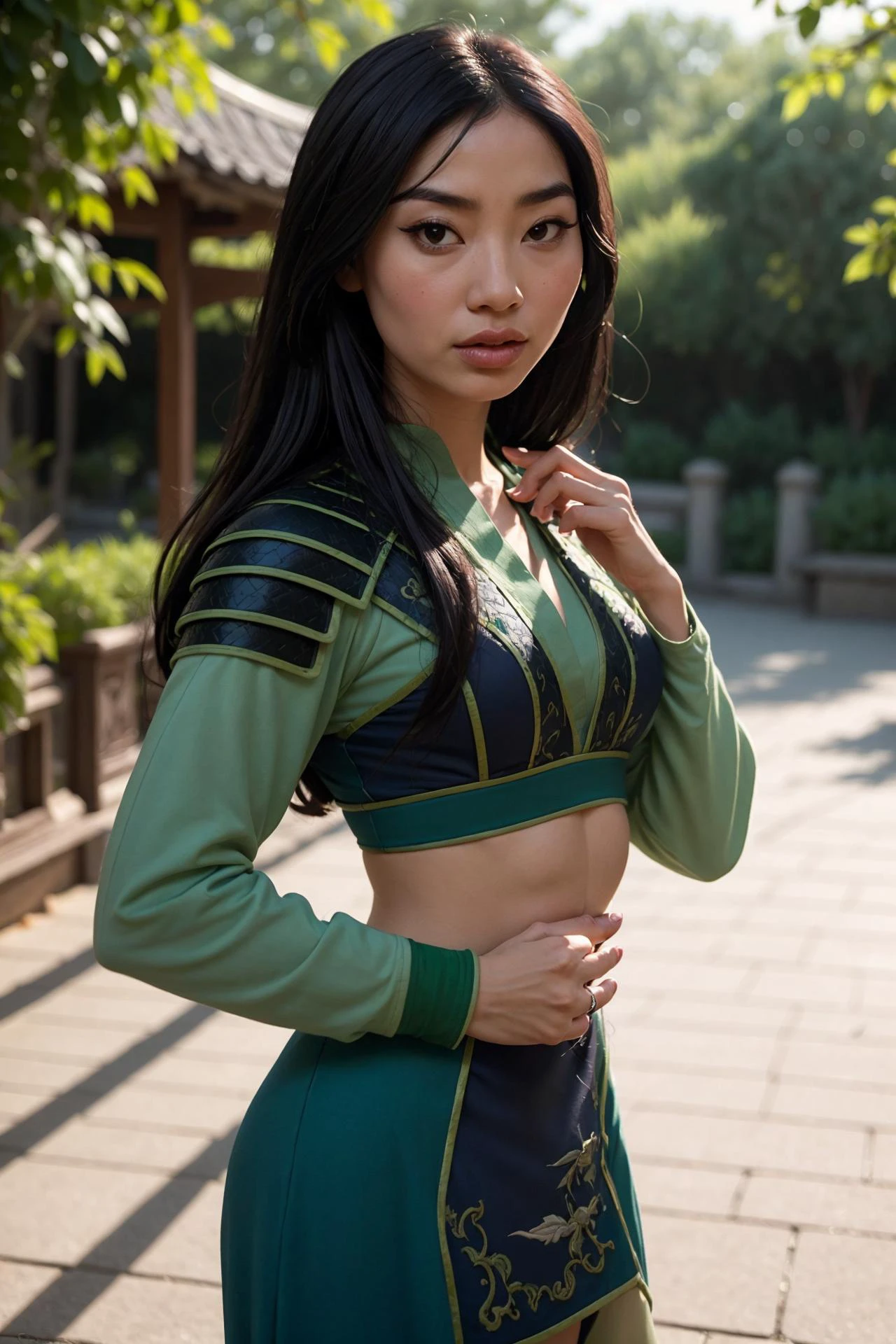 photo of Mulan, a beautiful woman, (skinny:1.2), fit, perfect skin, detailed hair, detailed face, beautiful eyes,
((sexy green heavy Tang lamellar armor)),
(blurred Suzhou garden background, scenic), (standing sexy pose), (view of front),
erotic, elegant, sensual, seductive, (masterpiece, best quality), (photorealistic:1.4), full body, perfect illumination, (best shadow),
mulanwaifu, 