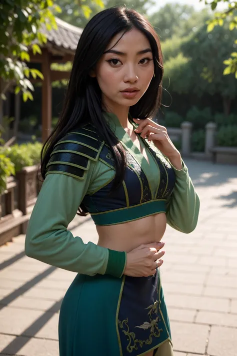 photo of Mulan, a beautiful woman, (skinny:1.2), fit, perfect skin, detailed hair, detailed face, beautiful eyes,
((sexy green h...