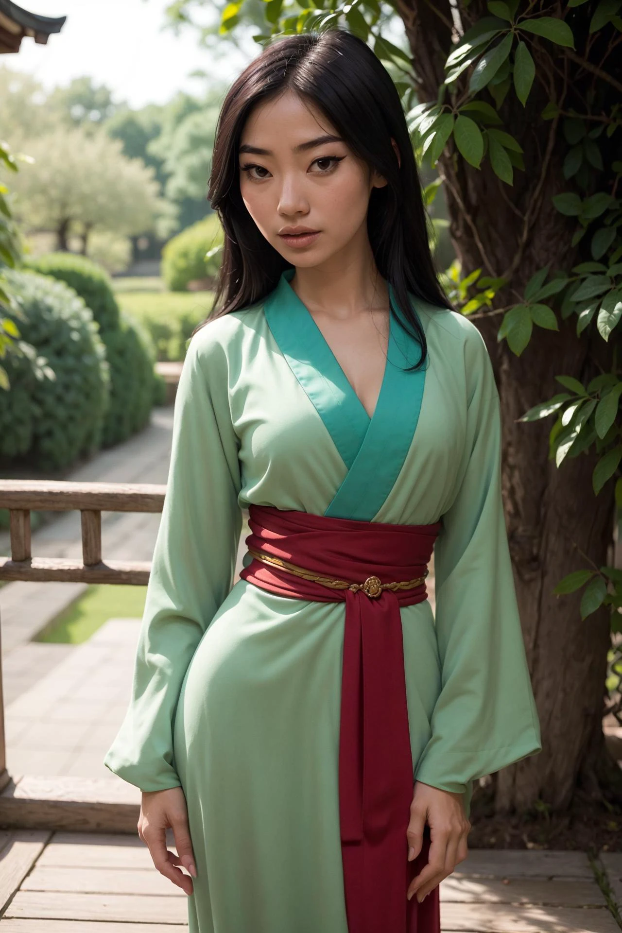 foto de Fa Mulan, uma linda mulher, (magrelo:1.2), ajustar, pele perfeita, cabelo detalhado, rosto detalhado, olhos lindos,
((mangas compridas, vestido verde, faixa vermelha)),
(fundo desfocado do jardim de Suzhou, cênico), (pose sexy em pé), (Vista da frente),
Erótico, elegante, Sensual, sedutor, (Obra de arte, melhor qualidade), (fotorrealista:1.4), corpo todo, iluminação perfeita, (melhor sombra),
(mulanwaifu, roupas japonesas, quimono:1.2), 