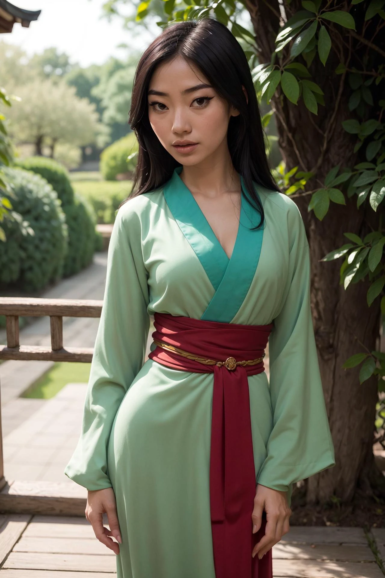 foto de fa mulan, una mujer hermosa, (flaco:1.2), adaptar, piel perfecta, cabello detallado, cara detallada, ojos bonitos,
((mangas largas, vestido verde, faja roja)),
(Fondo borroso del jardín de Suzhou, escénico), (Pose sexy de pie), (vista del frente),
erótico, elegant, sensual, seductor, (Obra maestra, mejor calidad), (Fotorrealista:1.4), cuerpo completo, iluminación perfecta, (mejor sombra),
(mulanwaifu, ropa japonesa, kimono:1.2), 