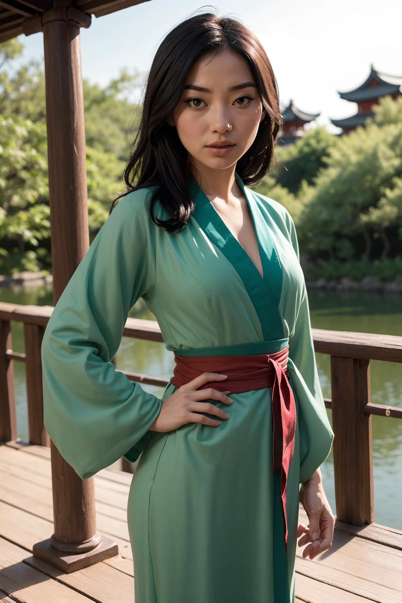 foto de fa mulan, una mujer hermosa, (flaco:1.2), adaptar, piel perfecta, cabello detallado, cara detallada, ojos bonitos,
((mangas largas, vestido verde, faja roja)),
(Fondo borroso del jardín de Suzhou, escénico), (Pose sexy de pie), (vista del frente),
erótico, elegant, sensual, seductor, (Obra maestra, mejor calidad), (Fotorrealista:1.4), cuerpo completo, iluminación perfecta, (mejor sombra),
(mulanwaifu, ropa japonesa, kimono), 