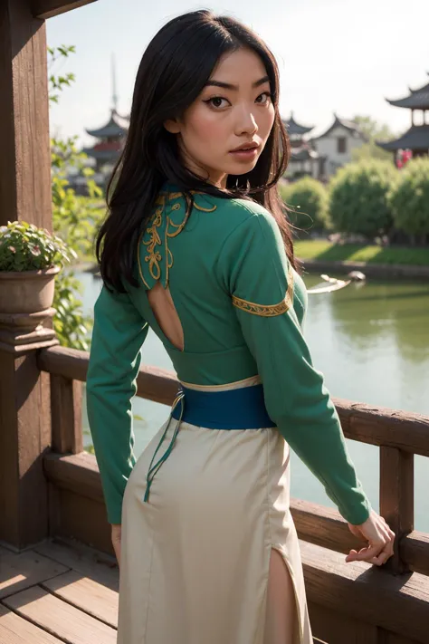 photo of Mulan, a beautiful woman, (skinny:1.2), fit, perfect skin, detailed hair, detailed face, beautiful eyes,
((sexy green heavy Tang lamellar armor)),
(blurred Suzhou garden background, scenic), (standing sexy pose), (view of front),
erotic, elegant, sensual, seductive, (masterpiece, best quality), (photorealistic:1.4), full body, perfect illumination, (best shadow),
mulanwaifu, <lora:Mulan_character:0.7>