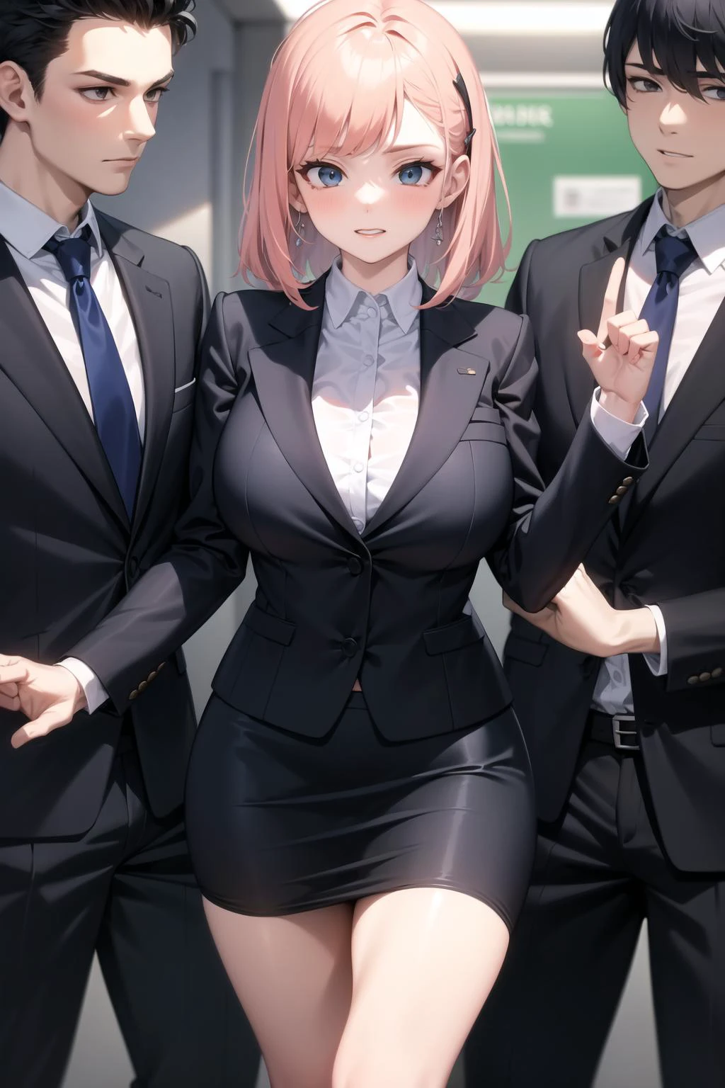 1girl, 2boys, (sandwiched:1.1), office lady, business suit,, masterpiece, best quality, highly detailed