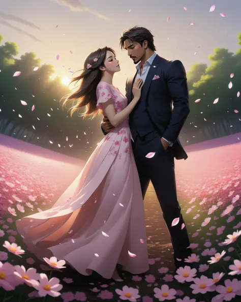 a man and woman in a pink dress standing in a field of flowers