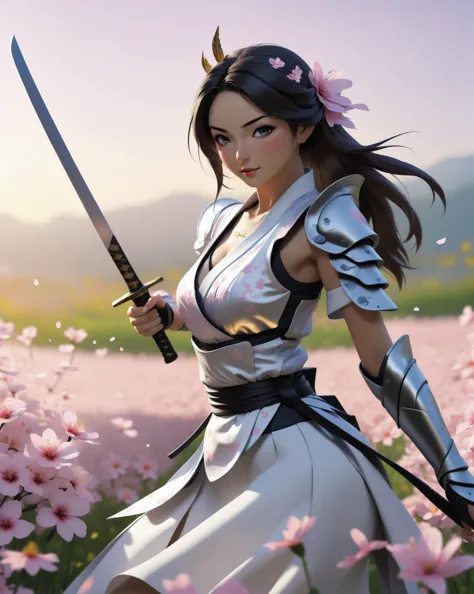 a woman in a white dress holding a sword in a field of flowers