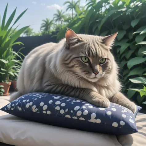 araffe cat laying on a pillow on a patio