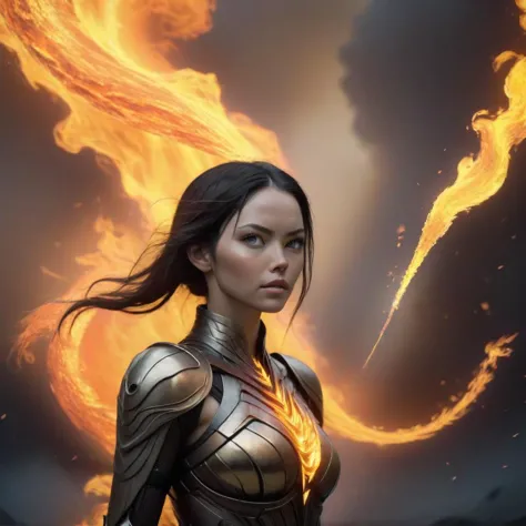 a woman in armor standing in front of a fire swirl