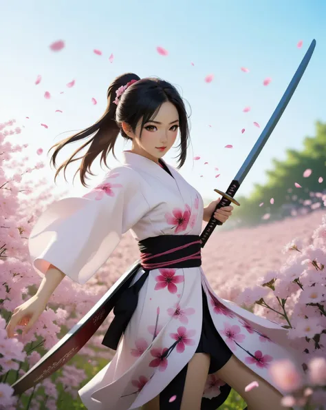 a woman in a kimono outfit holding a sword in a field of flowers