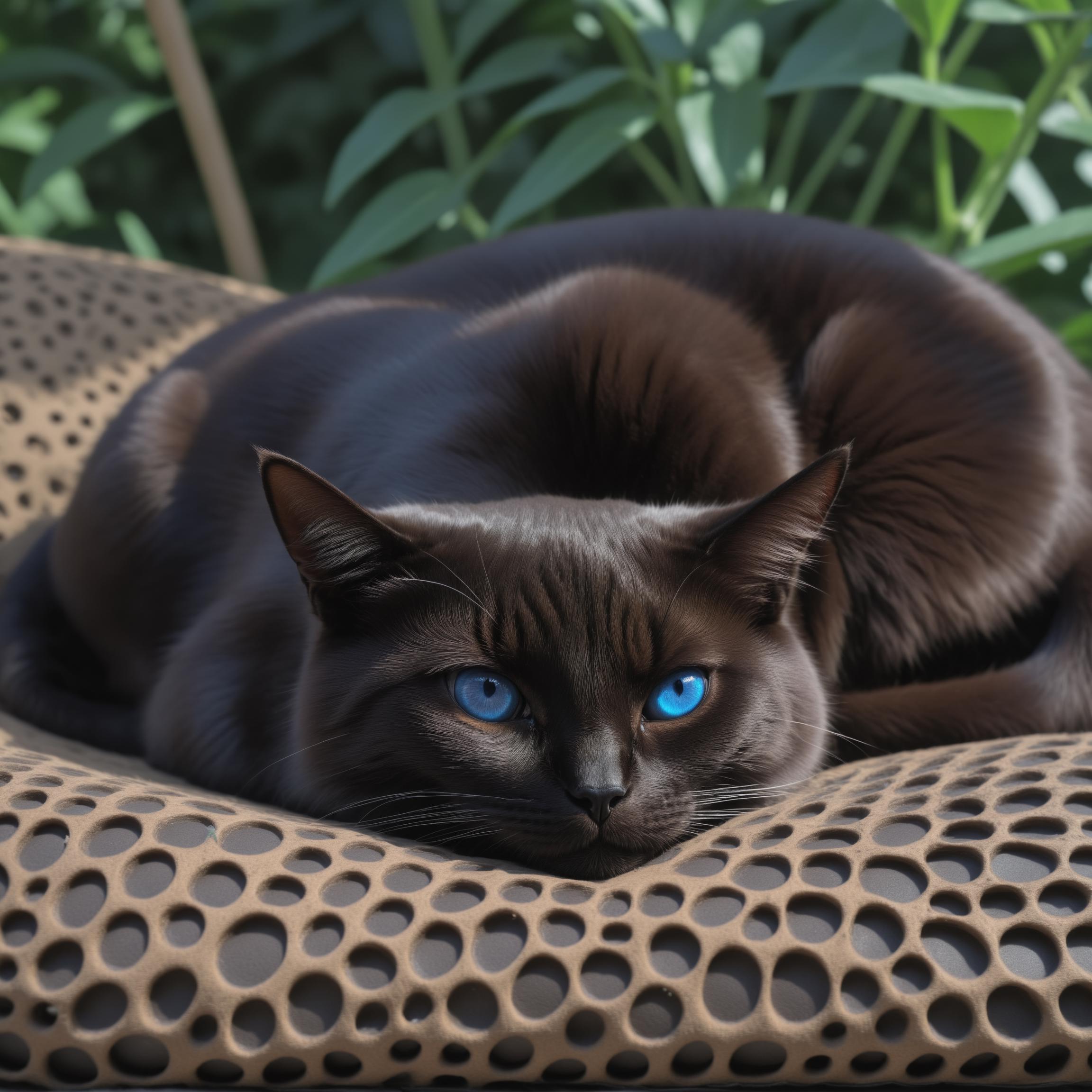 There is a black cat with blue eyes laying on a chair - SeaArt AI