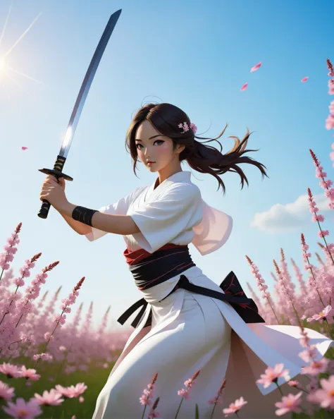 a woman in a white dress holding a sword in a field of flowers