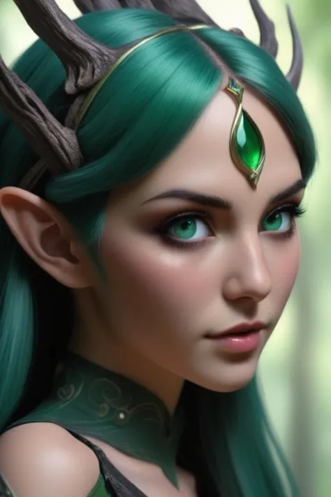 a close up of a woman with green hair and horns