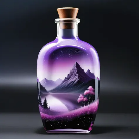 a close up of a bottle with a mountain scene on it