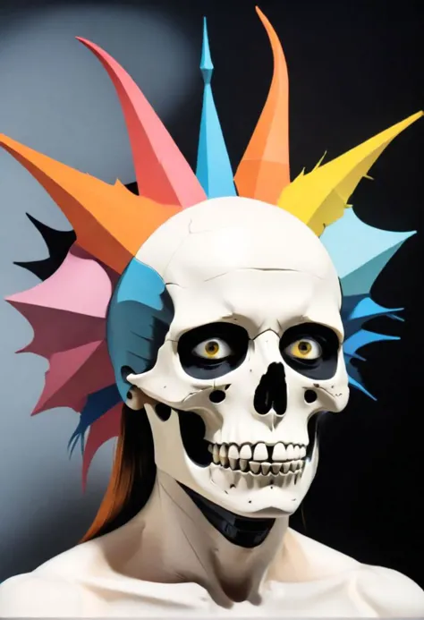 a close up of a person wearing a skull mask with colorful hair