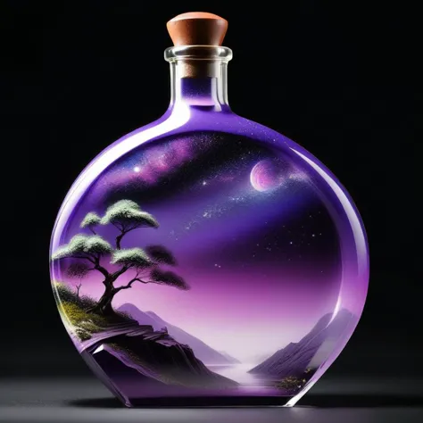 a purple bottle with a tree and a mountain scene inside