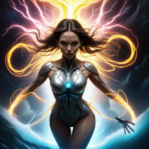 a woman in a bodysuit with lightning coming out of her chest