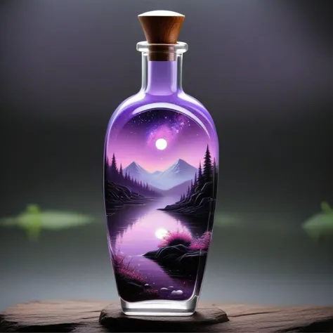 a close up of a bottle with a painting on it