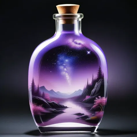 a glass bottle with a painting of a mountain scene inside