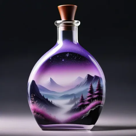 a close up of a bottle with a mountain scene on it