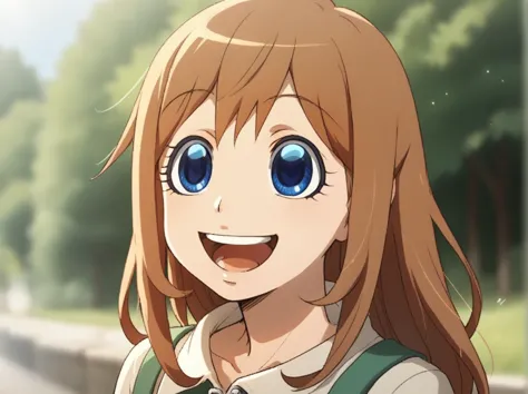 anime girl with blue eyes and brown hair smiling in front of a street