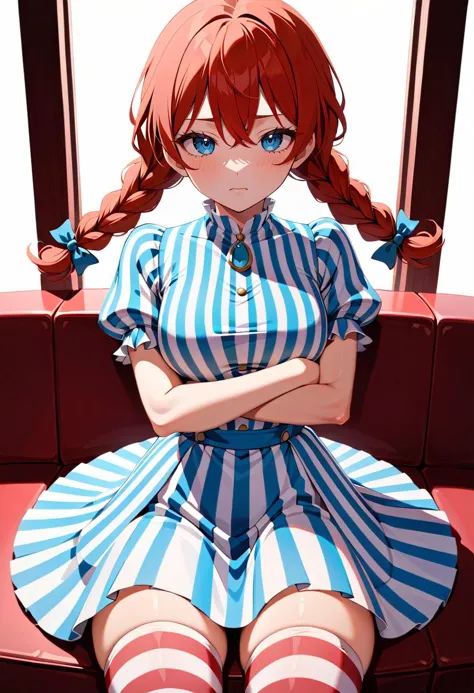 solo, 1girl, ffwendys, shaded face, disgusted, looking at viewer, crossed arms, twin braids, striped dress, striped sleeves, puf...
