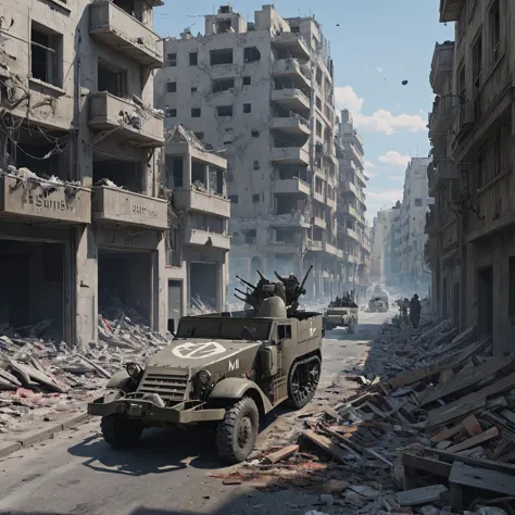 Amid the ruins of a recently liberated European city, an m16mtchppr halftrack maneuvers through debris-littered streets, supporting troops as they clear buildings of remaining enemy combatants. The halftrack's guns are a reassuring presence for the infantry, deterring sniper and machine gun nests, apxlz