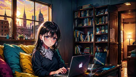 anime girl sitting on a couch using a laptop computer