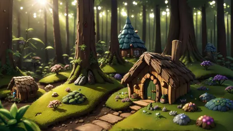 masterpiece, macro of a tiny gnome hut in a forest, dusk, dewdrops, high contrast, studio ghibli style, highly intricate, highly detailed, illustration, sunlight