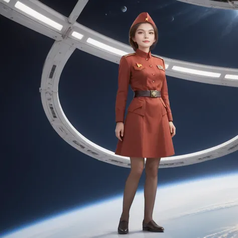 arafed woman in a red uniform standing in a space station