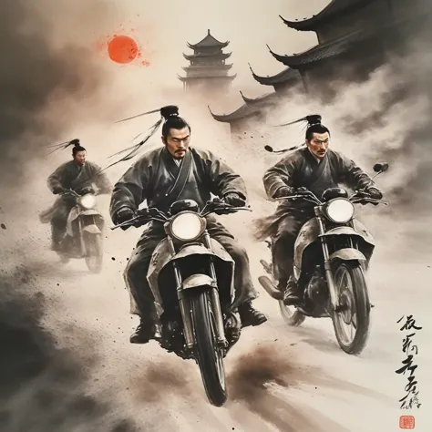 there are three men riding motorcycles in a painting style