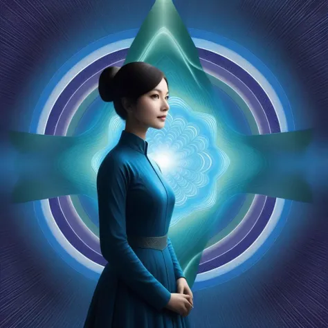 a woman in a blue dress standing in front of a star