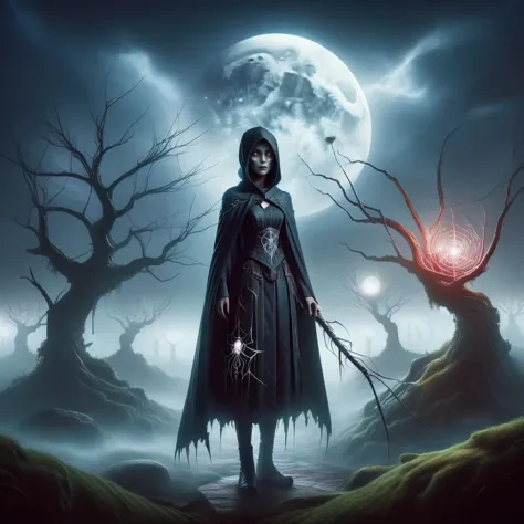 best quality, highres, masterpiece,ancient,fog, lightning, runes, moss, bare trees, dark moon, (dynamic pose), spider lily, comp...