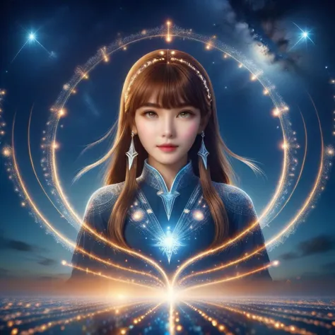 a woman with long hair and earrings standing in front of a heart shaped star