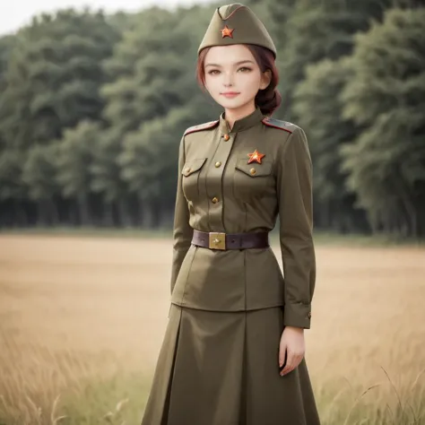 a woman in a military uniform standing in a field