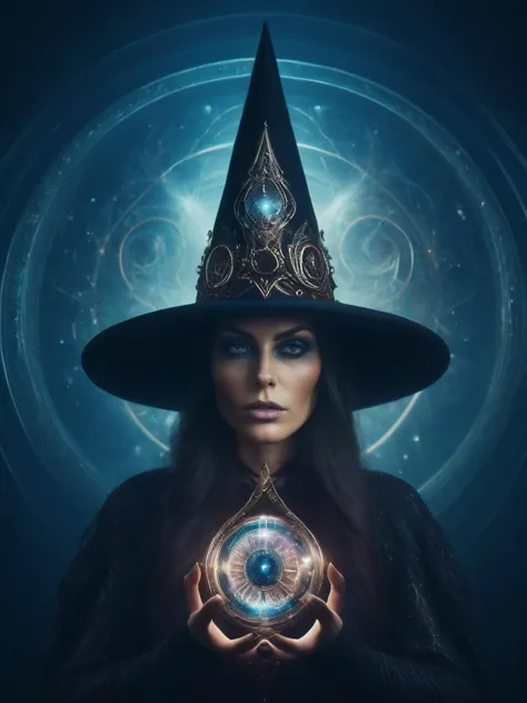 a woman in a witches hat holding a crystal ball