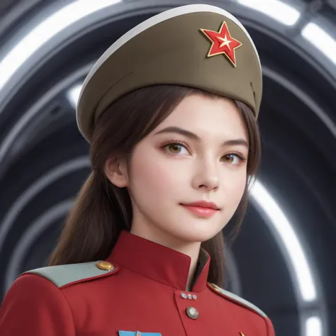 a woman in a red uniform with a star on her hat