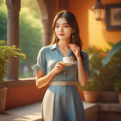 a woman in a blue dress holding a cup of coffee