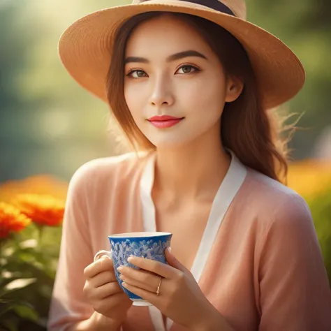 a woman in a hat holding a cup of coffee