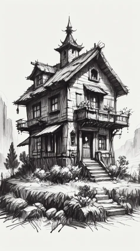 monochrome, graphite (medium) contrast greyscale house