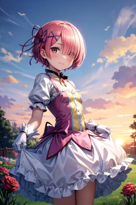 a girl in a dress standing in a field of flowers