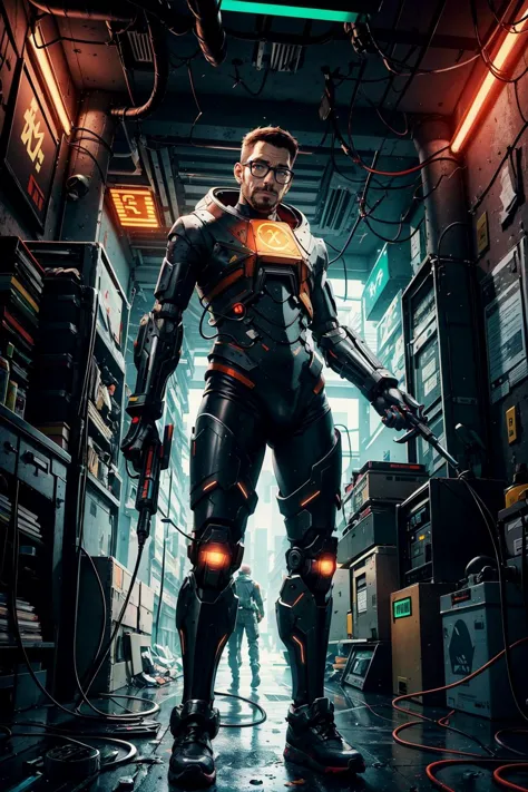 a man in a futuristic suit standing in a room with neon lights