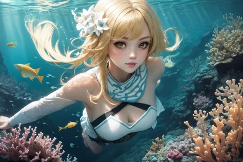 best quality, swims underwater, deep water, <lora:lumine1-000008:1.0>, luminedef, amazing body, blonde, bangs over the eyes, sho...