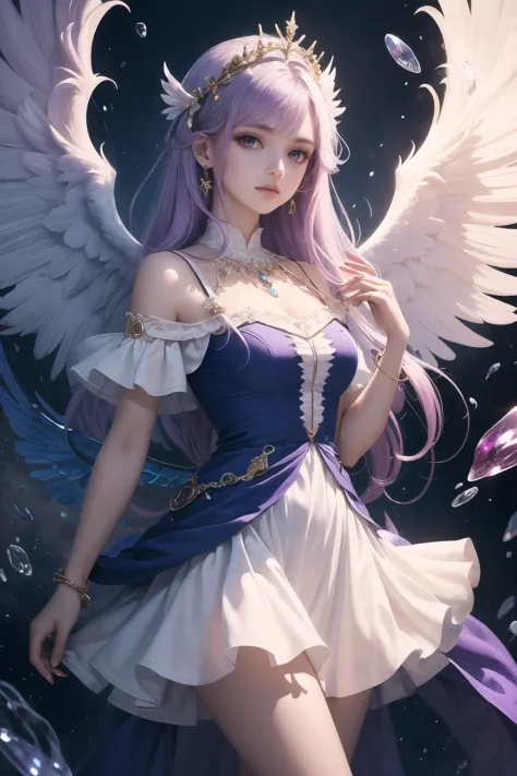 (masterpiece, top quality, best quality, official art, beautiful and aesthetic), 1girl, gorgeous short dress, fractal clothes, jewelry, headpiece jewelry, long white and violet hair, angel wings, floating objects, blue, violet, ultramarine colours