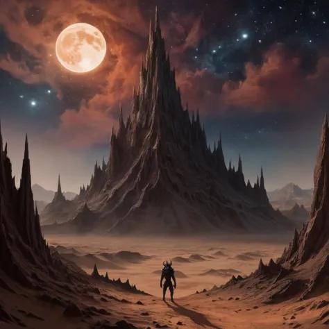 a surreal moonscape, where jagged peaks rise from a barren expanse of dust, and strange, otherworldly creatures prowl beneath a ...