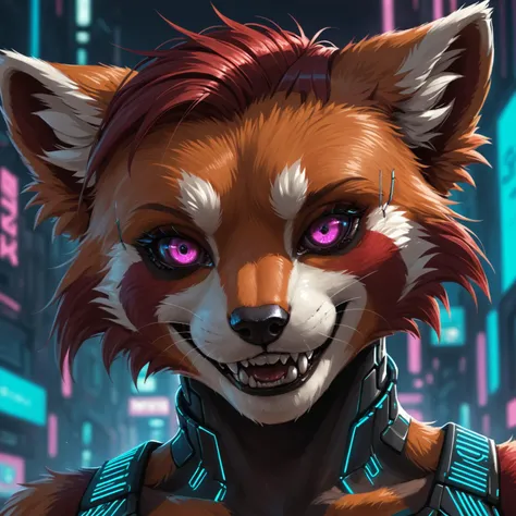 a close up of a red panda with purple eyes and a black outfit