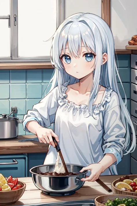 anime girl in a kitchen preparing food with a large bowl