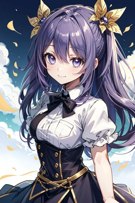 best quality, high quality, a cute girl, solo, beautiful purple hair, beautiful purple eyes, light smile,