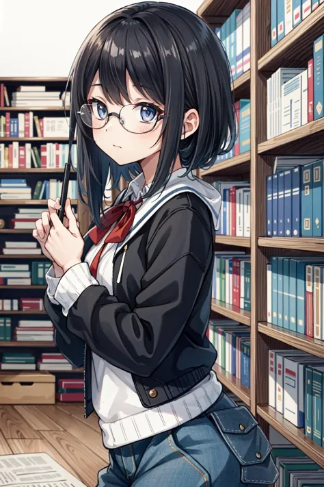 anime girl in library with bookshelves and a bookcase